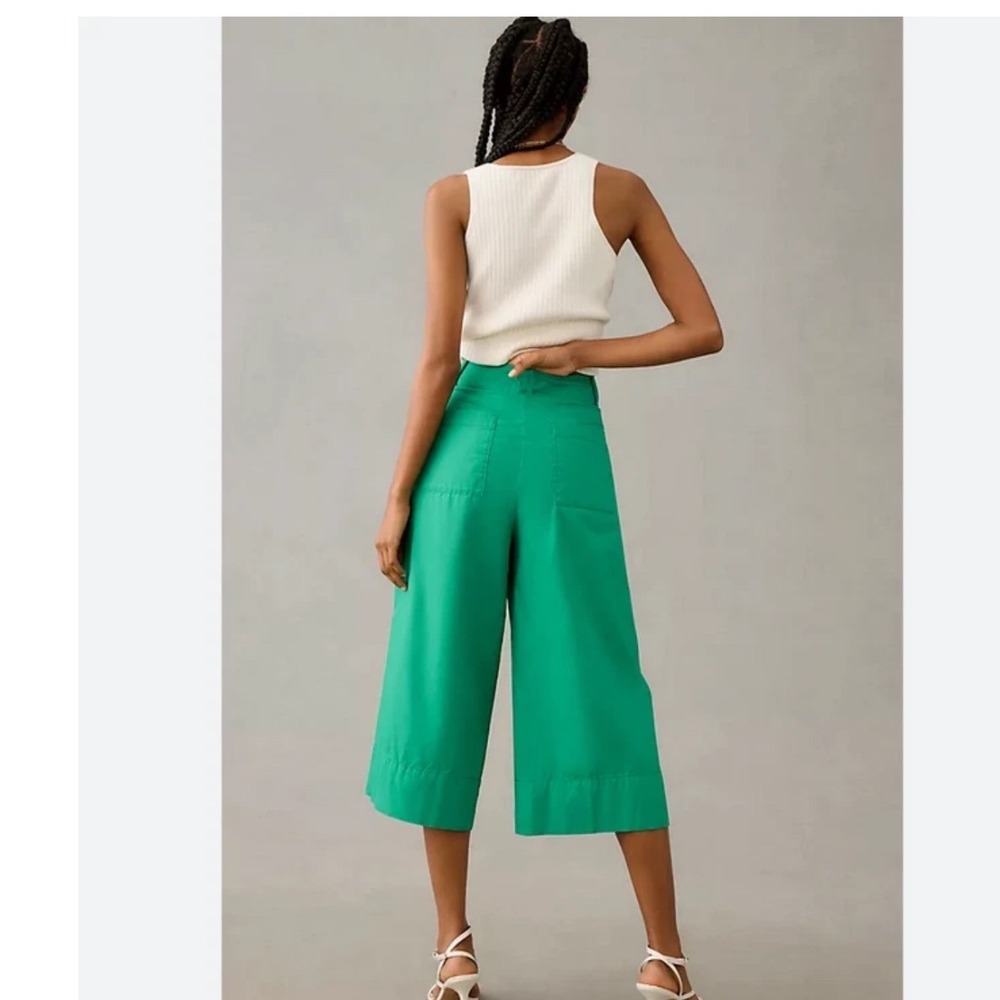 By Anthropologie Green Wide Leg Culotte Pants High Rise Cotton Cropped Size 10 - Picture 3 of 15